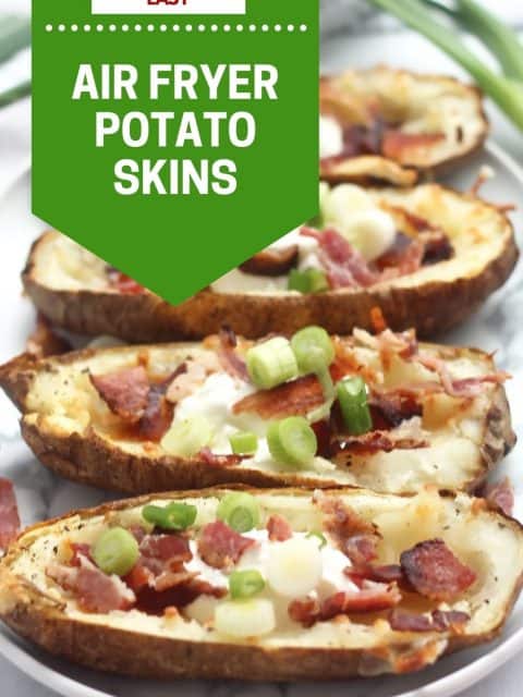 Pinterest graphic. Air fryer potato skins with text overlay.