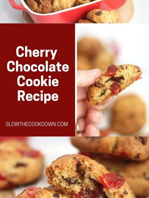 Pinterest graphic. Cherry chocolate cookies with text overlay.