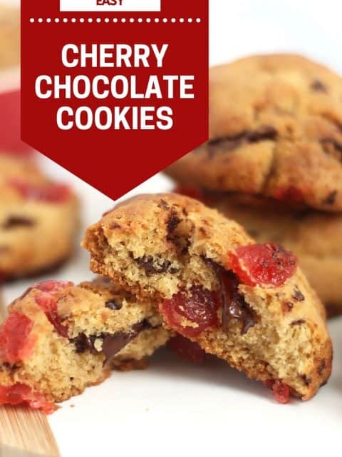 Pinterest graphic. Cherry chocolate cookies with text overlay.