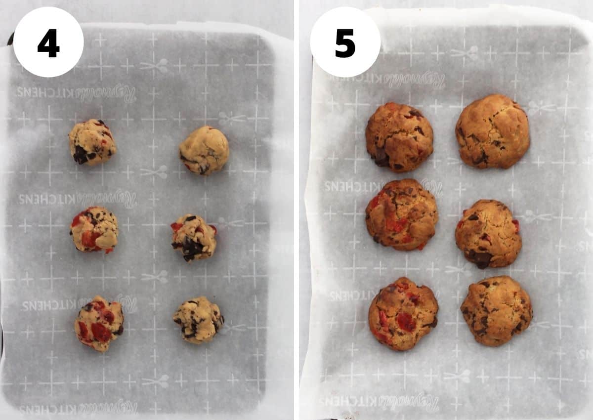 Cookie dough before and after being baked.