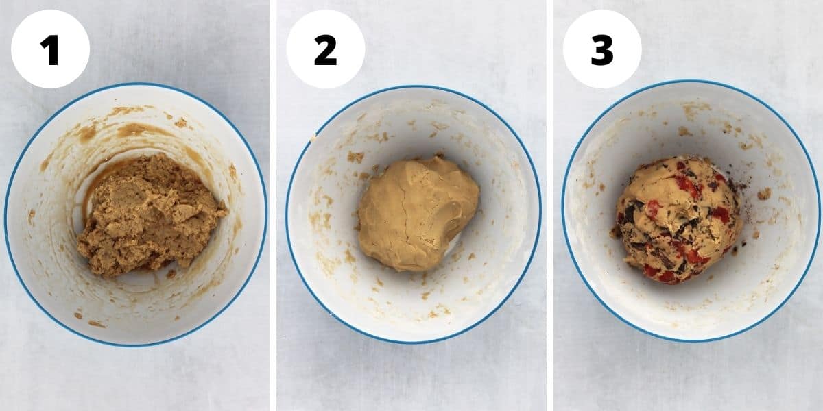 Three step by step photos to show how to make the cookie dough.