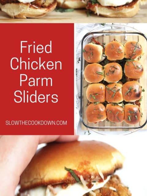 Pinterest graphic. Fried chicken parmesan sliders with text overlay.