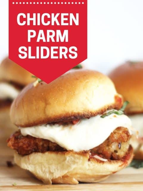 Pinterest graphic. Fried chicken parmesan sliders with text overlay.