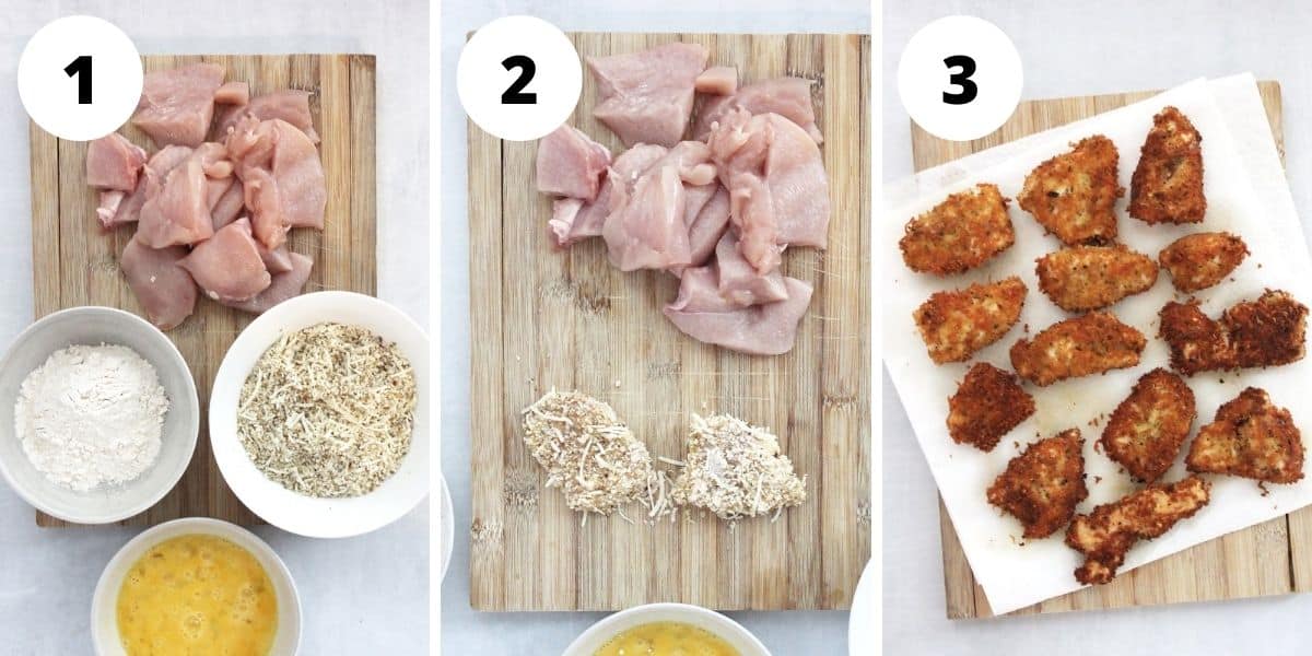 Three photos to show how to bread and fry the chicken pieces.