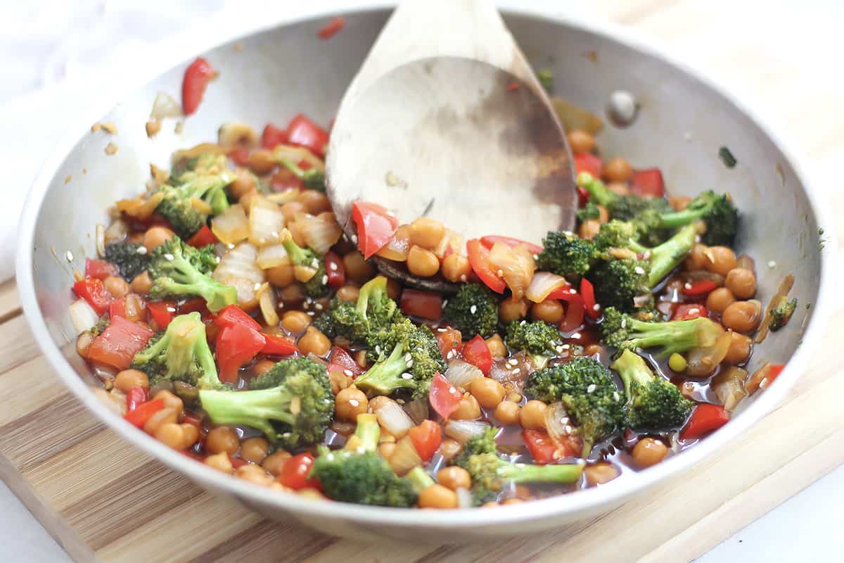 Vegetable and chickpea teriyaki in a skillet.