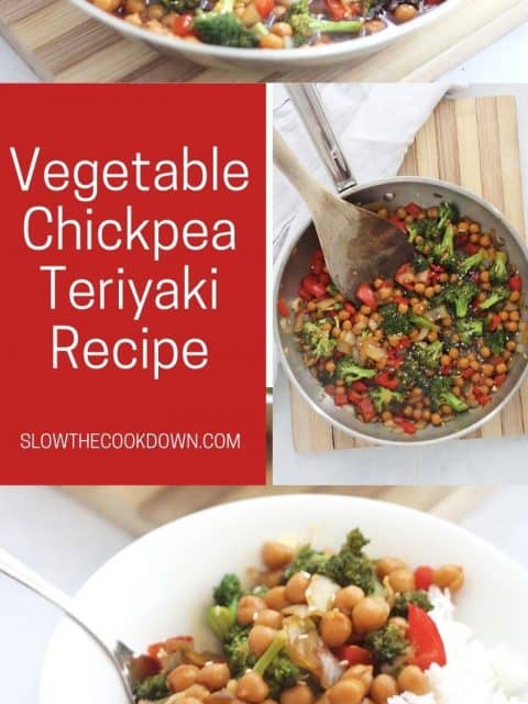 Pinterest graphic. Vegetable chickpea teriyaki with text overlay.