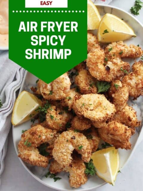Pinterest graphic. Air fryer spicy breaded shrimp with text overlay.