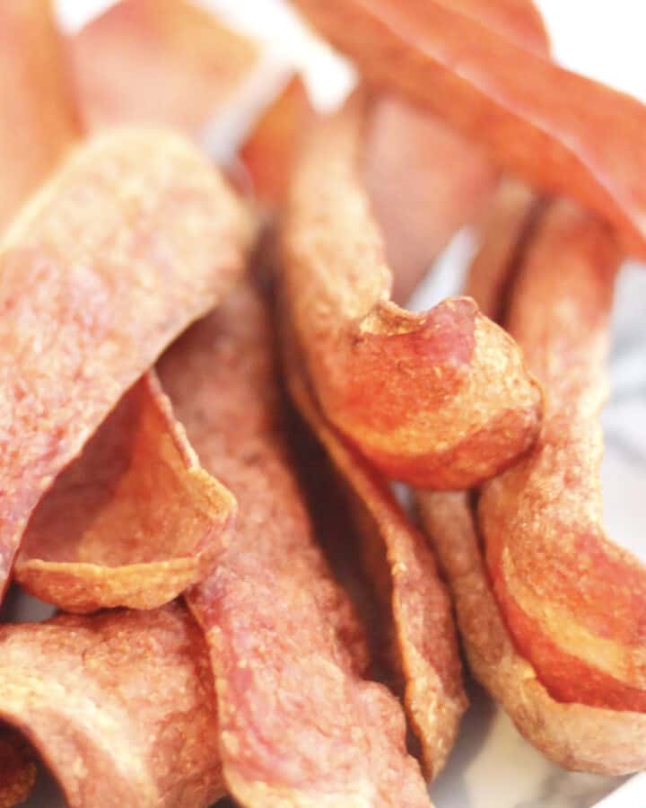Close up of air fried turkey bacon rashers.