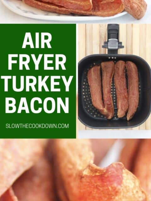 Pinterest graphic. Air fryer turkey bacon with text overlay.