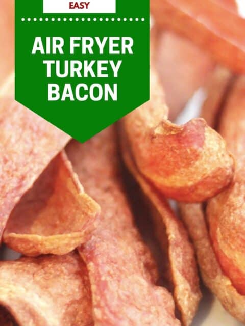 Pinterest graphic. Air fryer turkey bacon with text overlay.