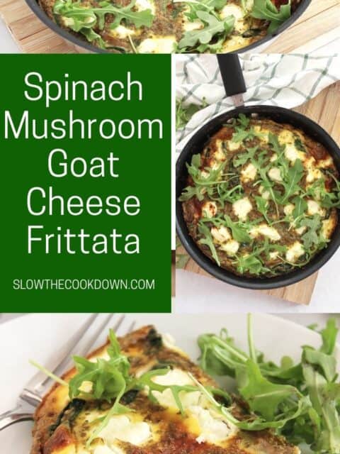 Pinterest graphic. Spinach mushroom goat cheese frittata with text overlay.