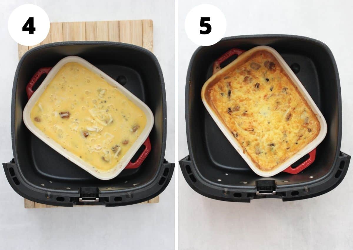 The egg casserole in the air fryer basket before and after being cooked.