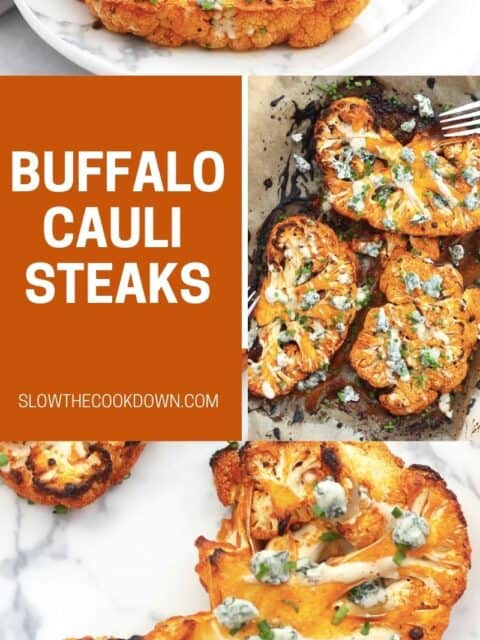 Pinterest graphic. Buffalo Cauliflower Steaks with text overlay.