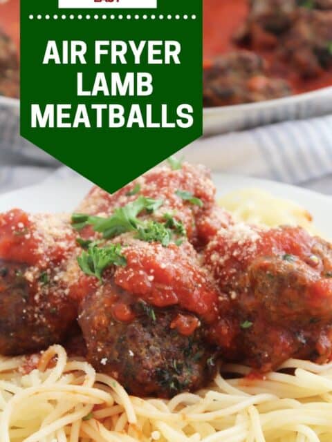 Pinterest graphic. Air fryer lamb meatballs with text overlay.