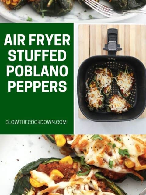 Pinterest graphic. Air fryer stuffed poblano peppers with text overlay.