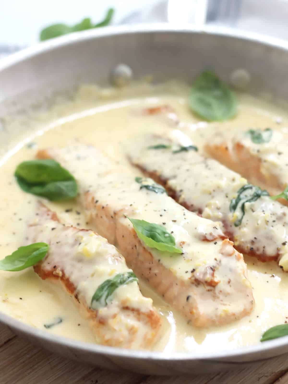 Close up of salmon fillets in a lemon and basil cream sauce.