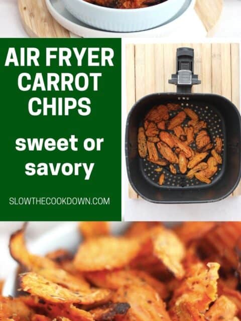 Pinterest graphic. Air fryer carrot chips with text overlay.