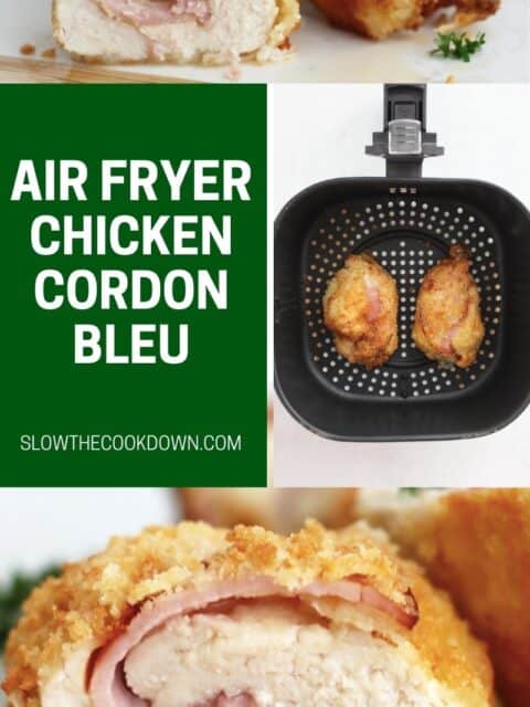 Pinterest graphic. Air fryer chicken cordon bleu with text overlay.