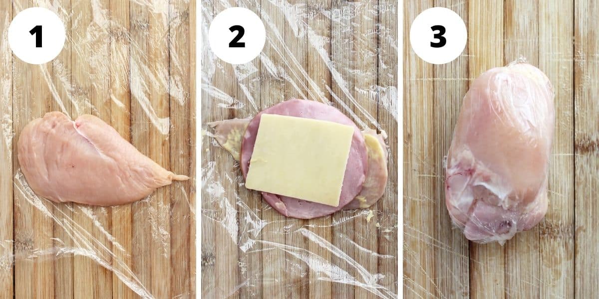 Three step by step photos to show how to roll the cheese and ham with the chicken breast.