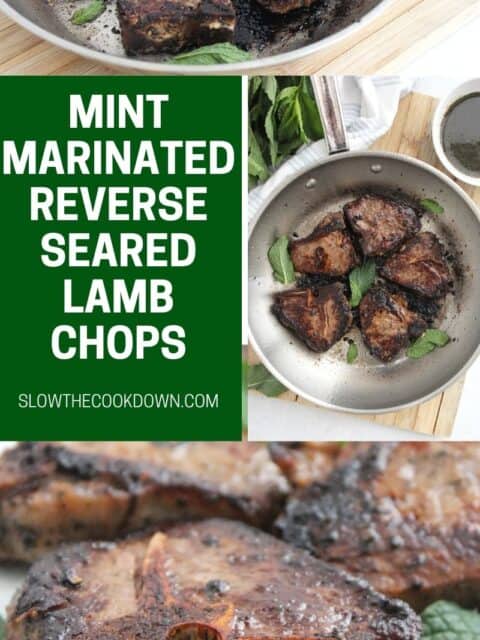 Pinterest graphic. Reverse seared lamb chops with text overlay.