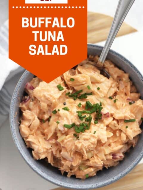 Pinterest graphic. Buffalo tuna salad with text overlay.