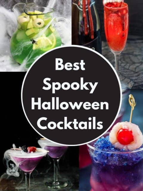 Pinterest graphic. Spooky halloween cocktails with text overlay.