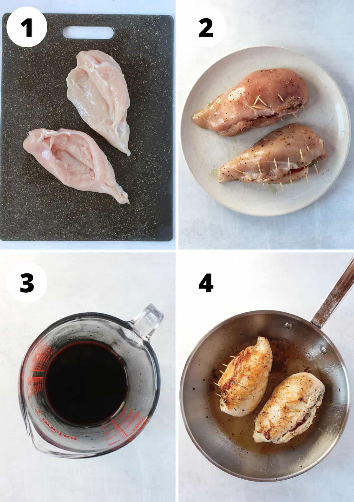 Four photos to show how to stuff the chicken breast, make the balsamic sauce and sear the breasts in a skillet.
