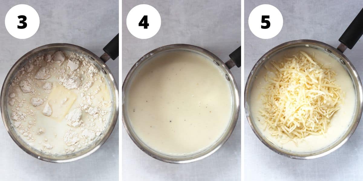 Three step by step photos to show how to make the cheese sauce.