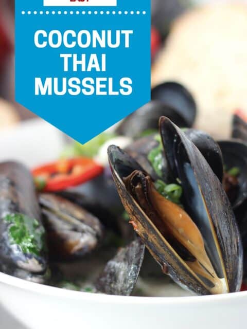 Pinterest graphic. Coconut Thai mussels with text overlay.