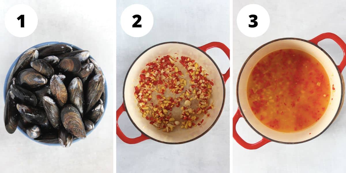 Cleaned mussels and how to make the Thai broth.