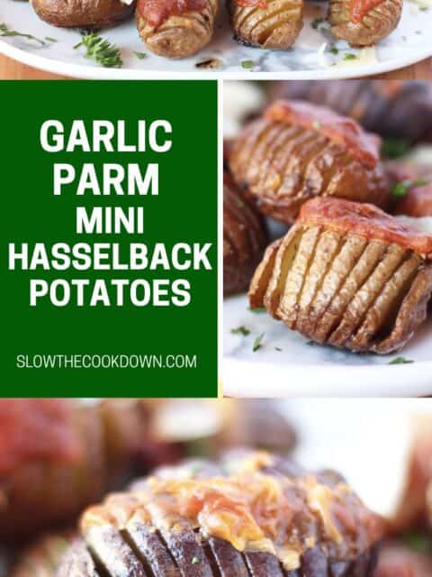 Pinterest graphic. Mini hasselback potatoes with text overlay.