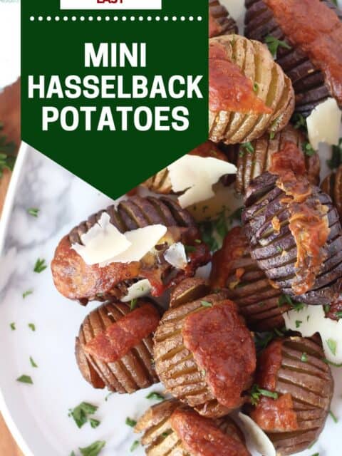 Pinterest graphic. Mini hasselback potatoes with text overlay.