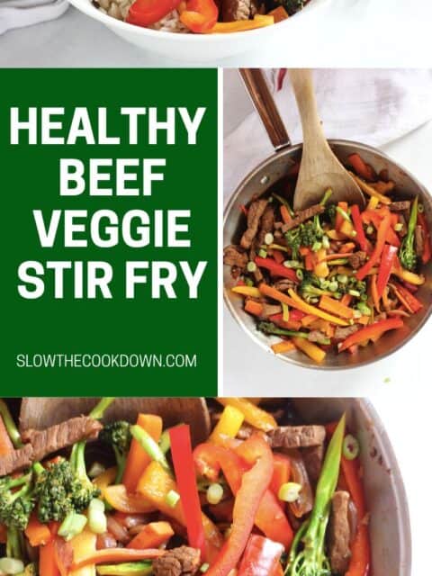 Pinterest graphic. Marinated beef and vegetable stir fry with text overlay.