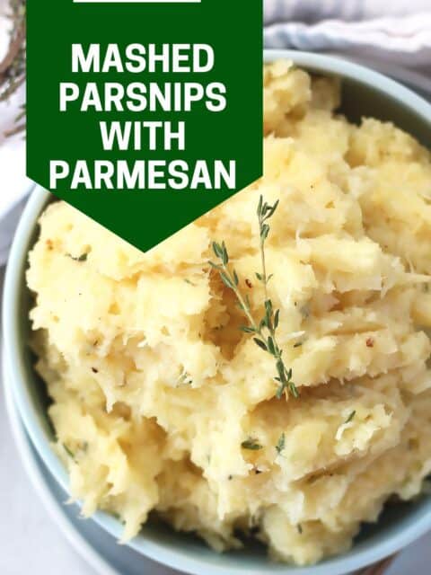 Pinterest graphic. Parmesan parsnip mash with text overlay.