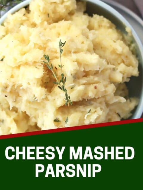 Pinterest graphic. Parmesan parsnip mash with text overlay.