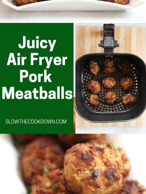 Pinterest graphic. Air fryer pork meatballs with text overlay.