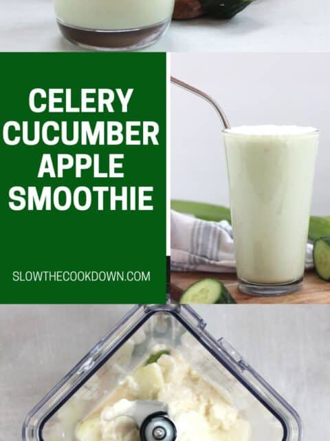 Pinterest graphic. Celery cucumber apple smoothie with text overlay.
