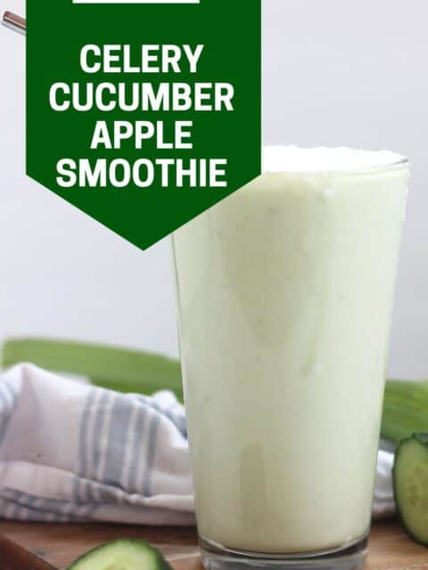 Pinterest graphic. Celery cucumber apple smoothie with text overlay.