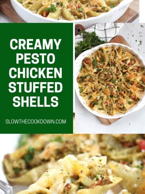 Pinterest graphic. Creamy pesto chicken stuffed shells with text overlay.