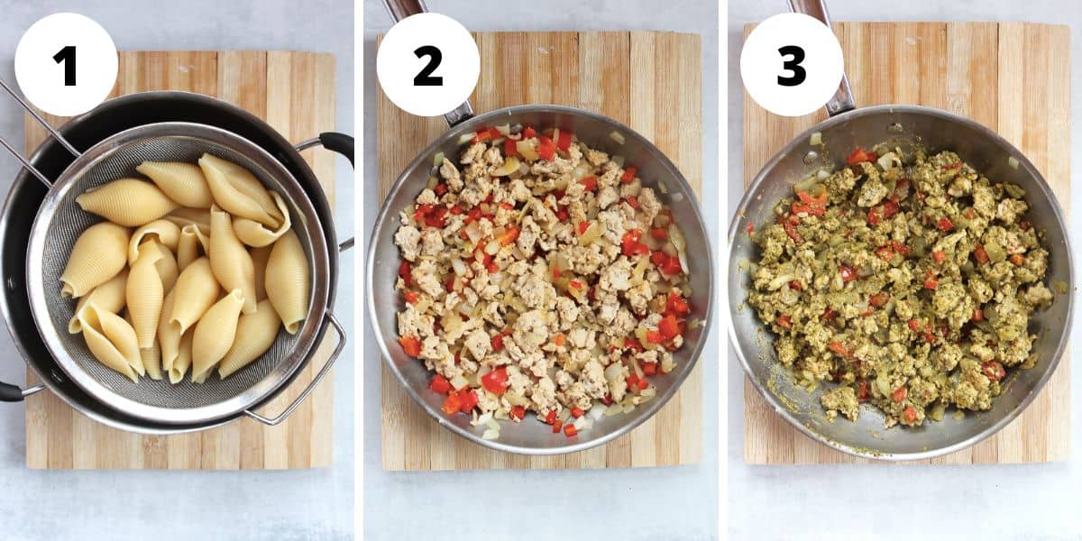 Three step by step photos to show how to make the chicken pesto filling.