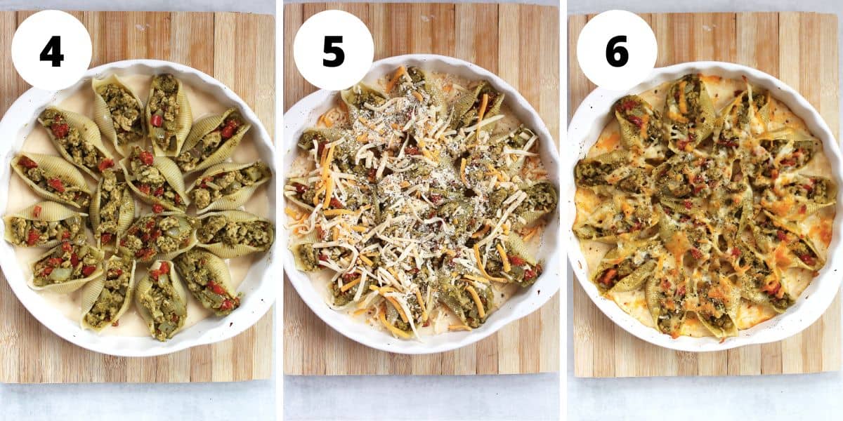 Three step by step photos to show how to build and bake the pasta stuffed shells.