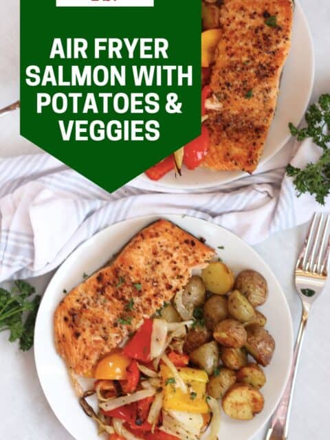 Pinterest graphic. Air fryer salmon with vegetables and potatoes.