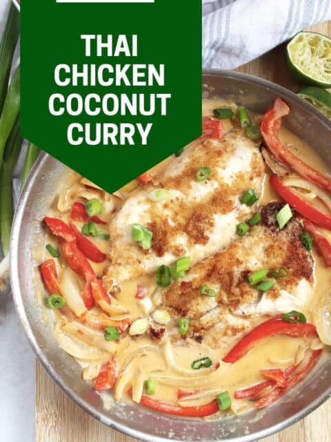 Pinterest graphic. Thai chicken coconut curry with text overlay.