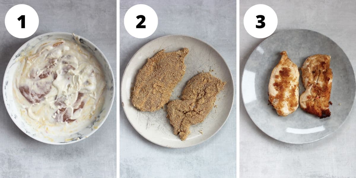 Three step by step photos to show how to marinate, bread and fry the chicken.