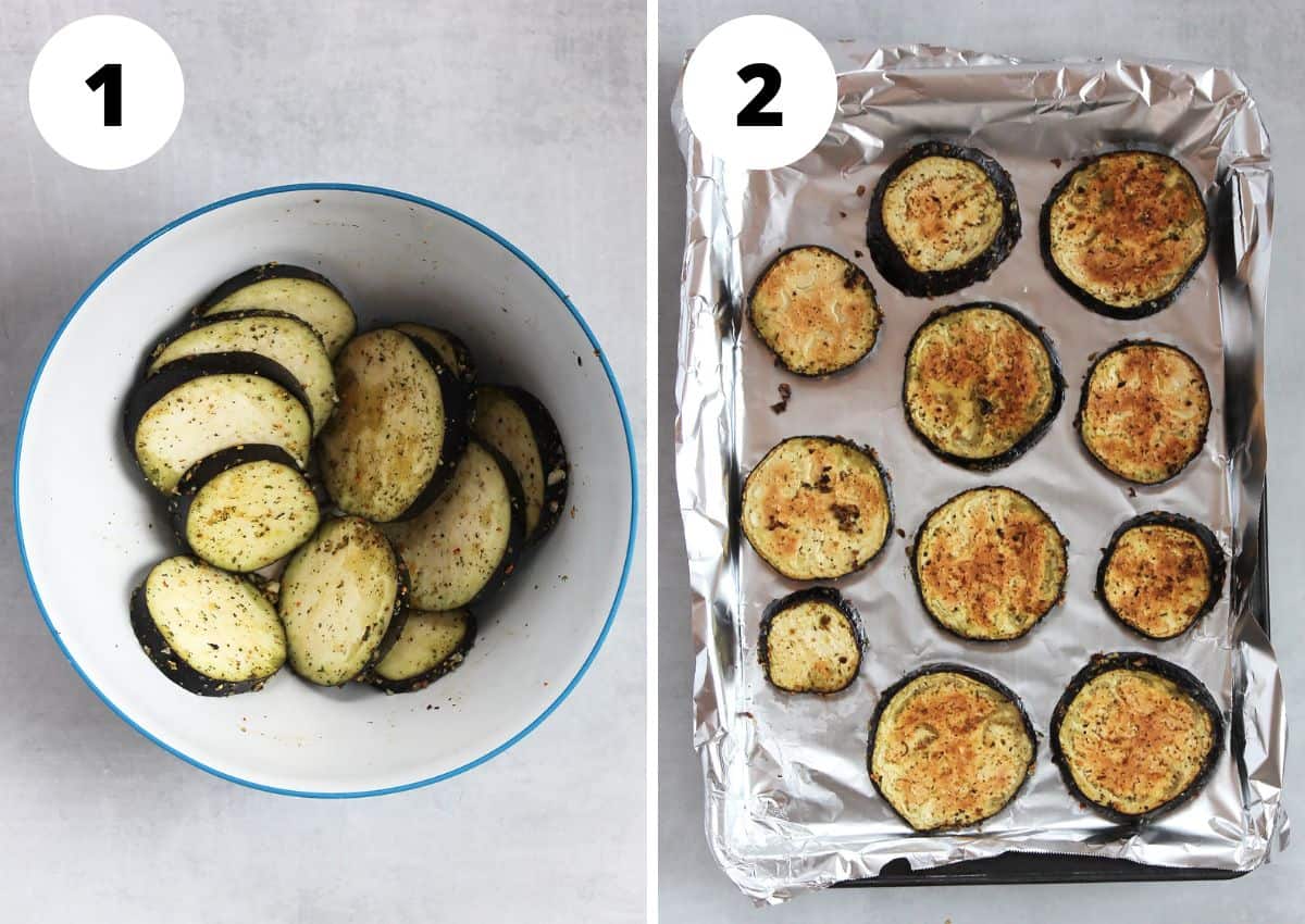 Two photos. Marinated eggplant slices before and after roasting.