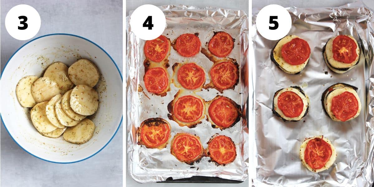 Three photos. Marinated mozzarella slices, roasted tomato slices and five stacks of eggplant, tomato and mozzarella.