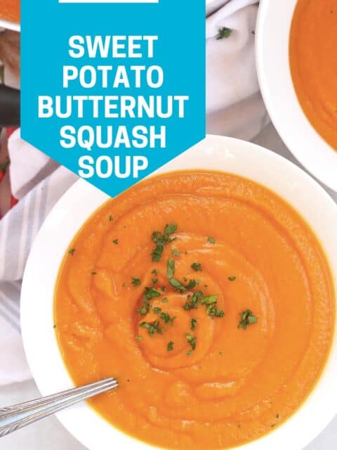 Pinterest graphic. Sweet potato and butternut squash soup with text overlay.