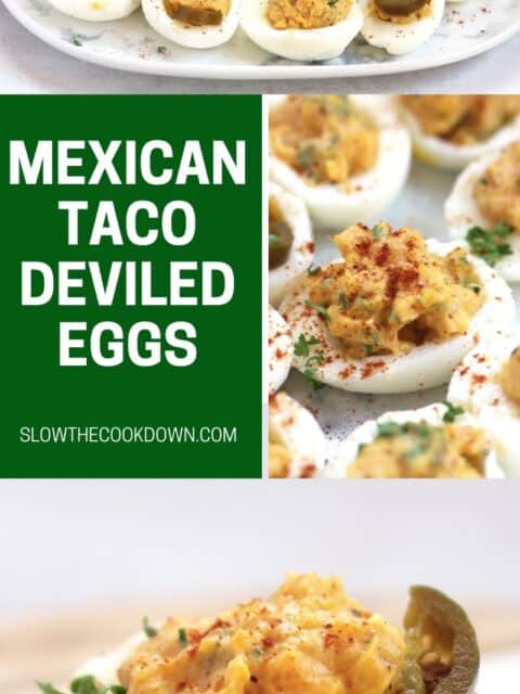 Pinterest graphic. Mexican taco deviled eggs with text overlay.