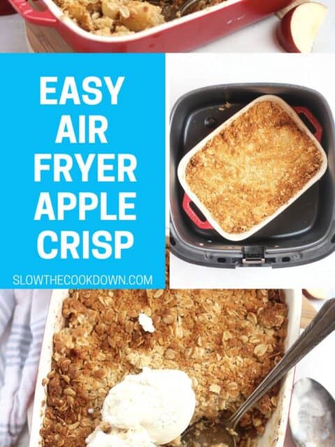 Pinterest graphic. Air fryer apple crisp with text overlay.