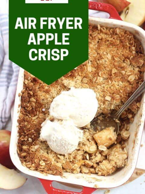 Pinterest graphic. Air fryer apple crisp with text overlay.